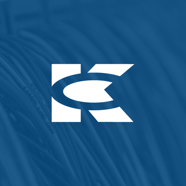 White stylized logo on a blue textured background