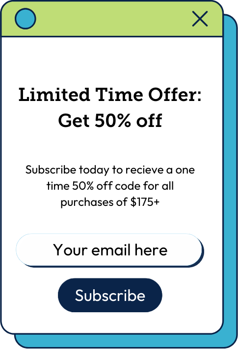 Pop-up offer window with “Limited Time Offer: Get 50% off,” email field, and Subscribe button