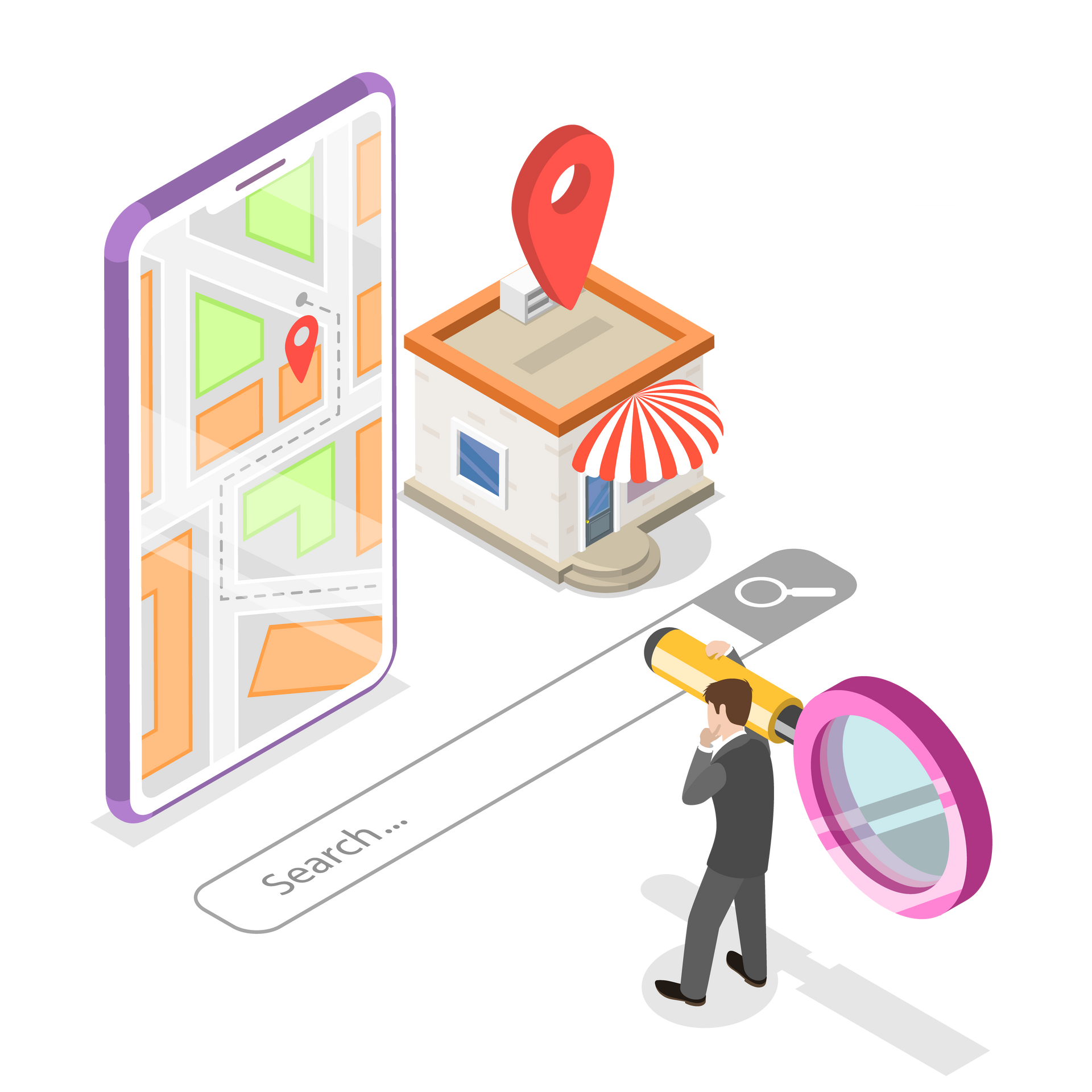 Local search illustration with map, store pin, search bar, and magnifying glass