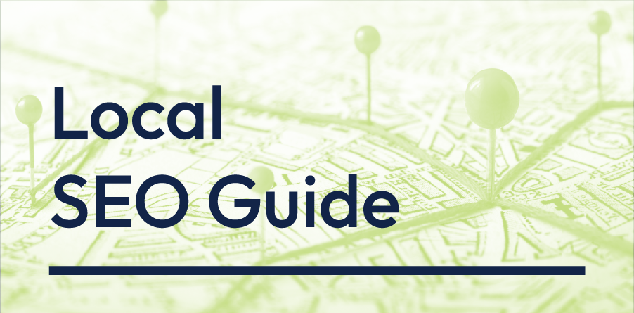 Local SEO Guide text over a light green map background with network icons and a navy underline