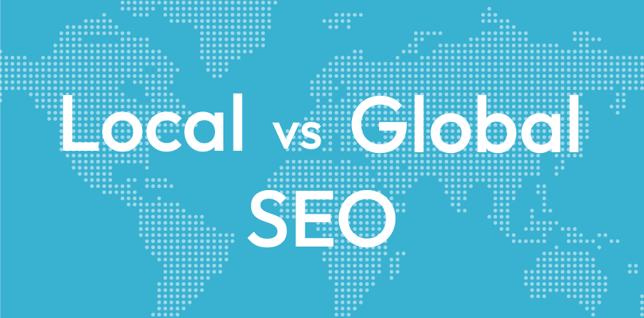 Blue graphic with world map background and white text reading “Local vs Global SEO”