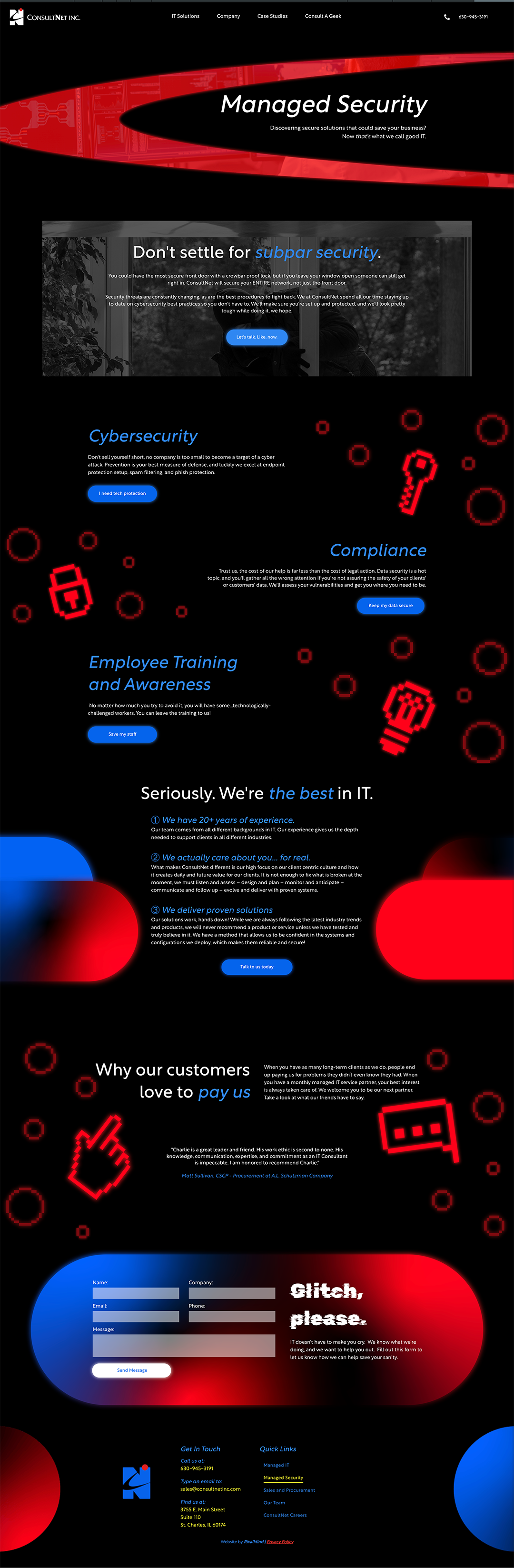 Dark red and black gaming webpage mockup with blue buttons, menu icons, and a central interface panel