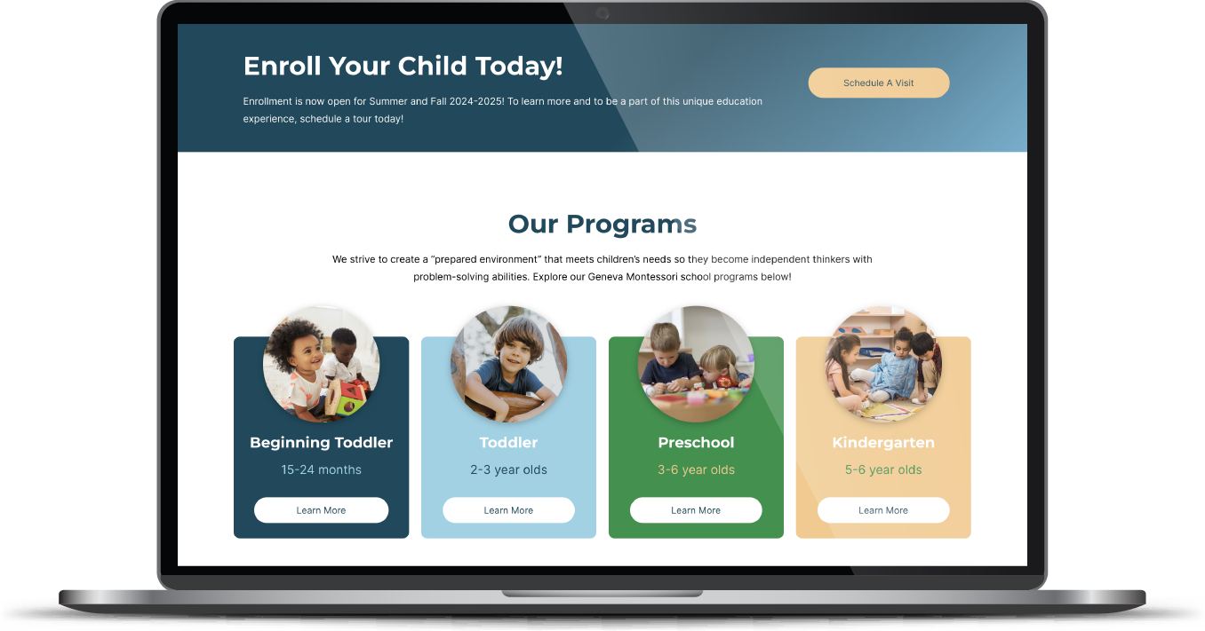 Laptop displaying a daycare website with “Enroll Your Child Today” banner and four colorful program cards