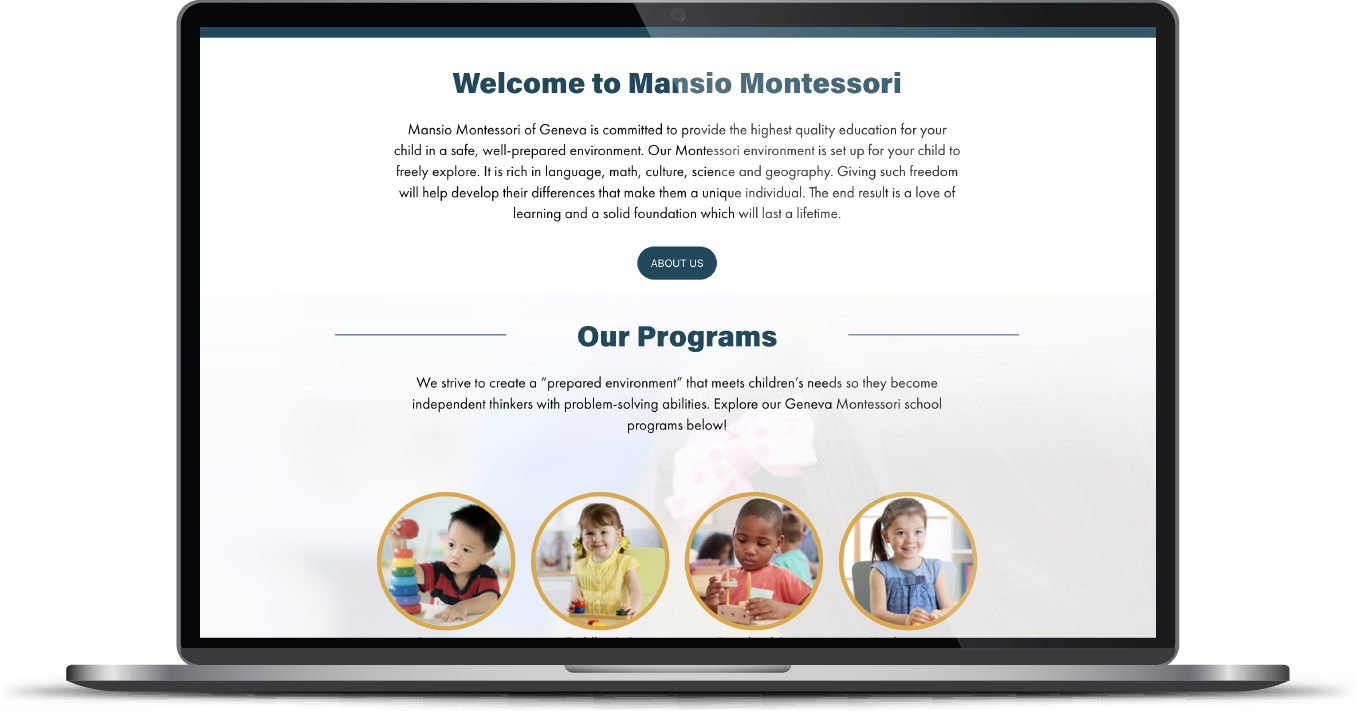 Laptop displaying a childcare website with a welcome header, programs section, and four circular photos below