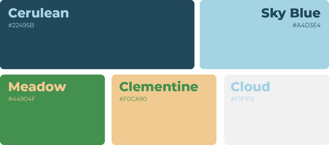 Color palette swatches labeled Cerulean, Sky Blue, Meadow, Clementine, and Cloud in blue, green, orange, and white.
