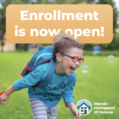 Enrollment is now open! Child in blue backpack runs on grass with Geneva Montessori logo.