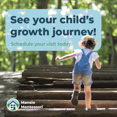 Child walking up steps outdoors with text: “See your child’s growth journey! Schedule your visit today.”