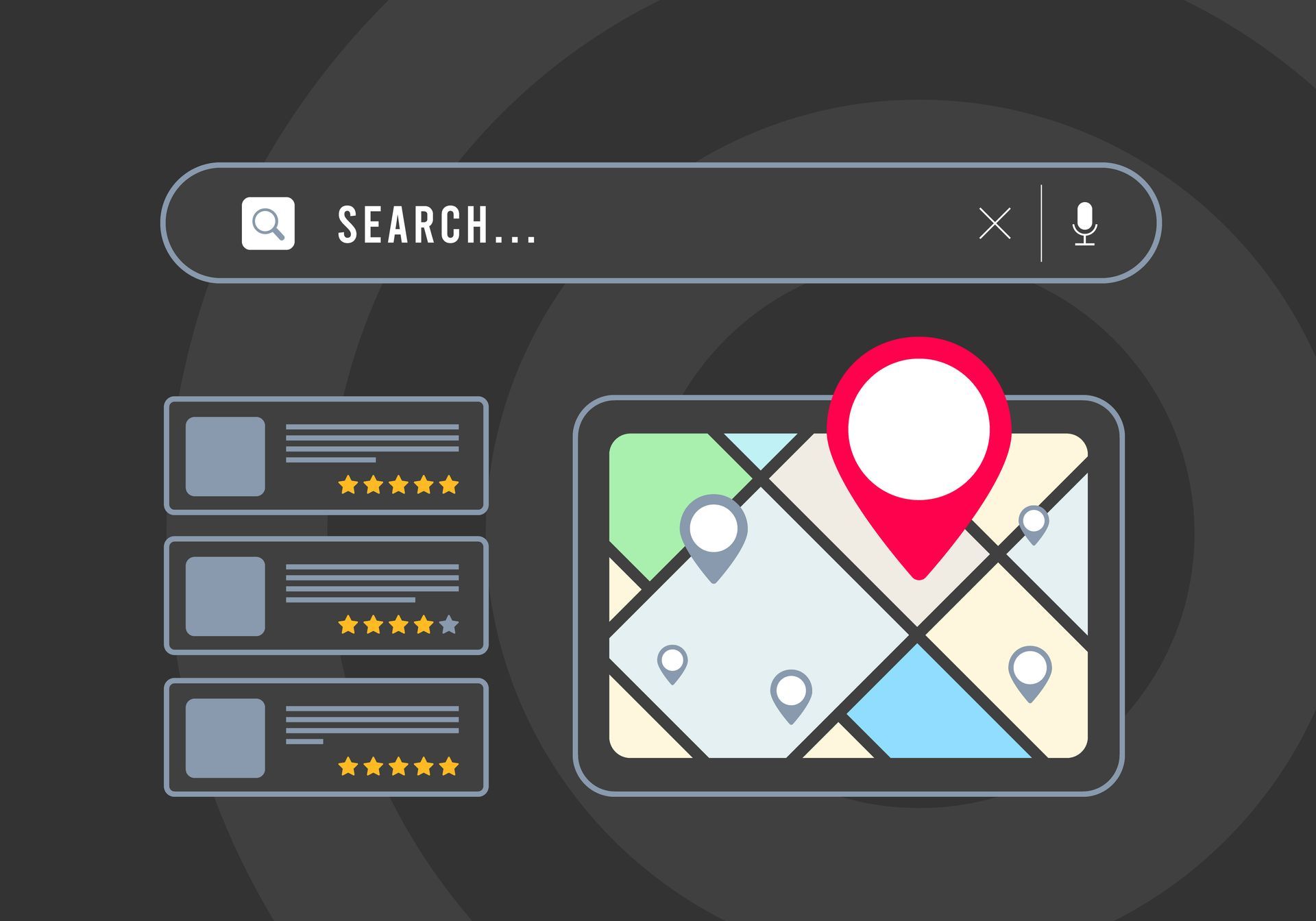 Search bar with map results and red location pin icon on a dark interface