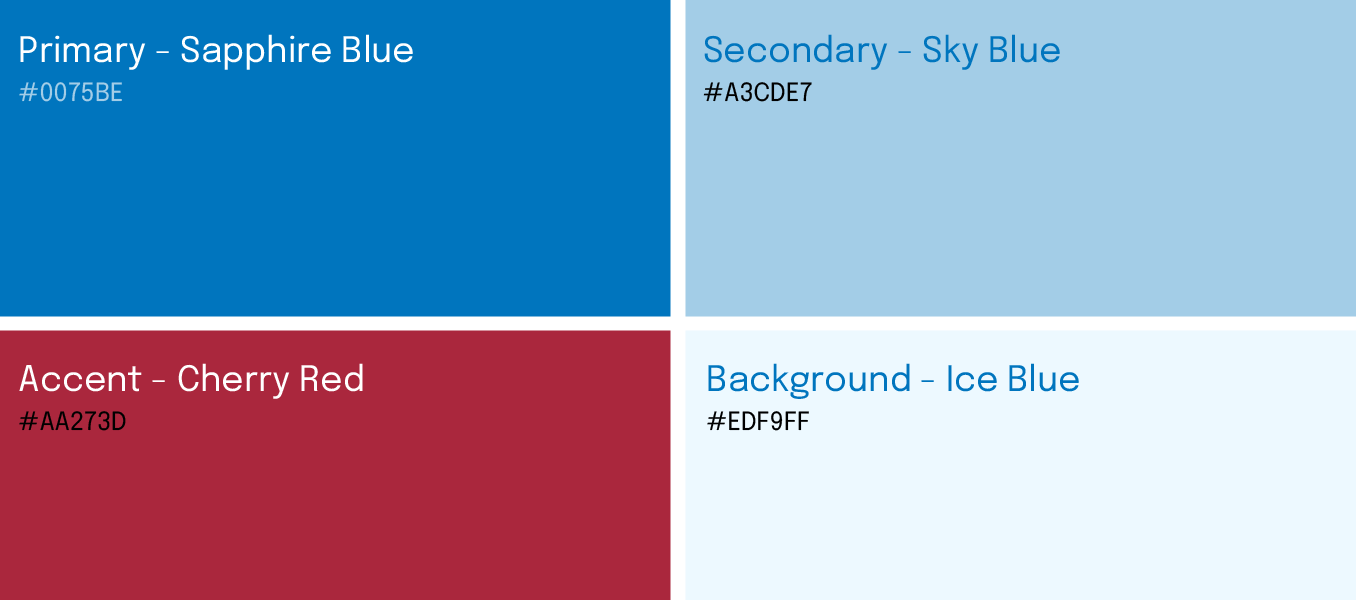 Color palette: primary sapphire blue, secondary sky blue, accent cherry red, and background ice blue.