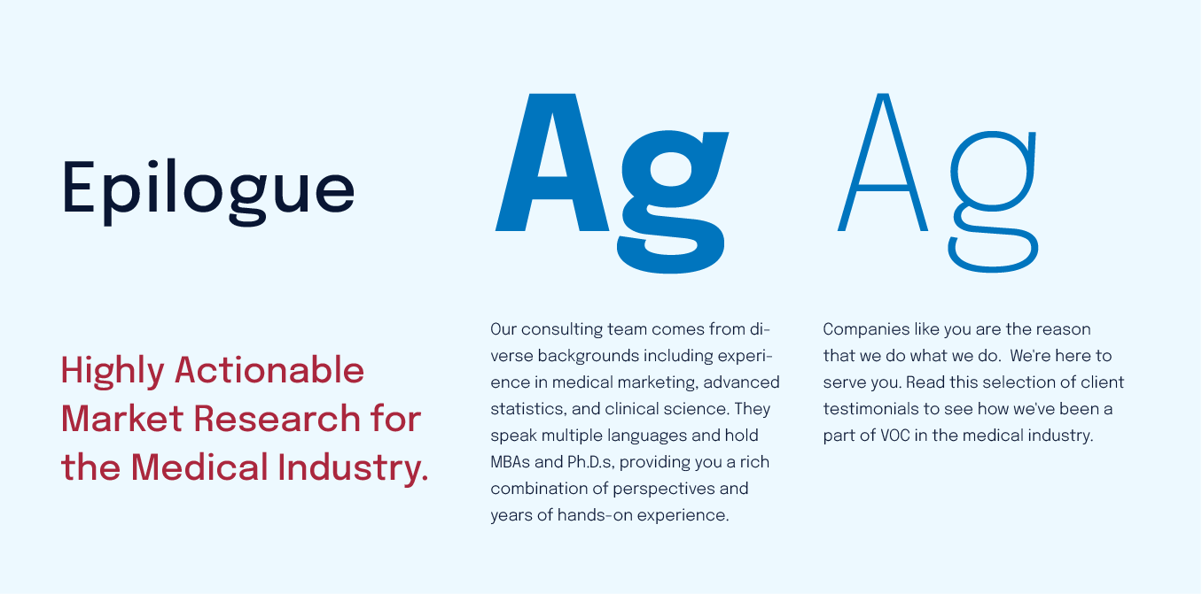 Epilogue logo slide with blue “Ag” and the tagline, “Highly Actionable Market Research for the Medical Industry.”