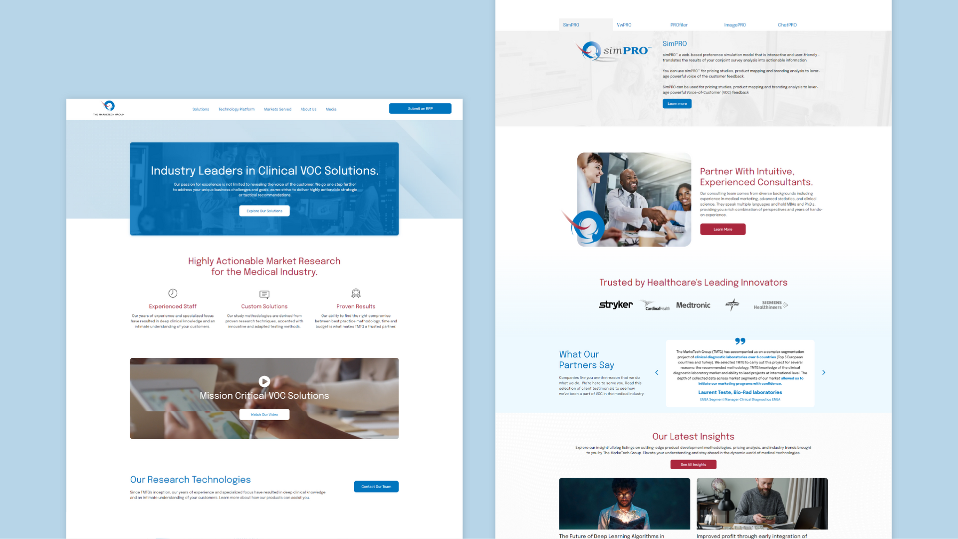 Two blue-and-white website homepage mockups side by side, each with banner images and navigation sections