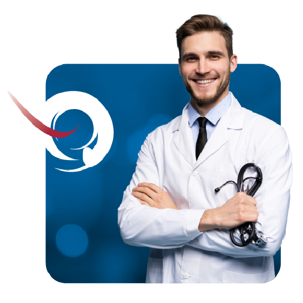 Smiling doctor in white coat with stethoscope beside a blue medical logo icon