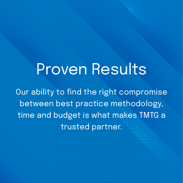Blue gradient slide with the heading “Proven Results” and text about balancing methodology, time, and budget.