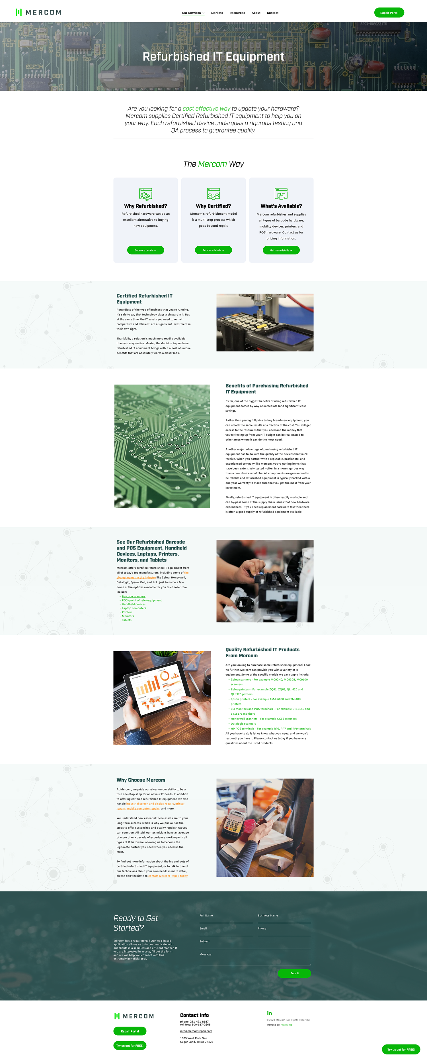 Website homepage with a white layout, green accents, and cards for services and articles.