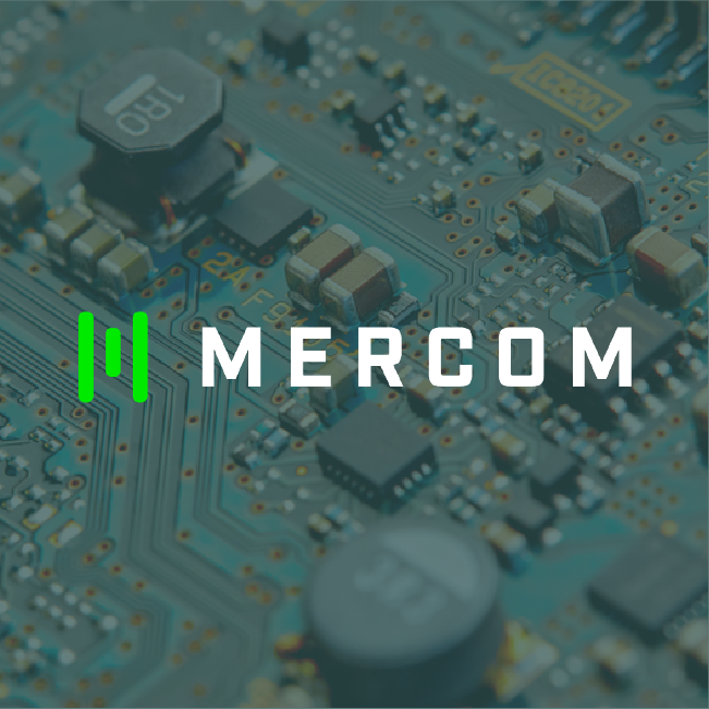 MERCOM logo in white and green over a blurred blue circuit board background