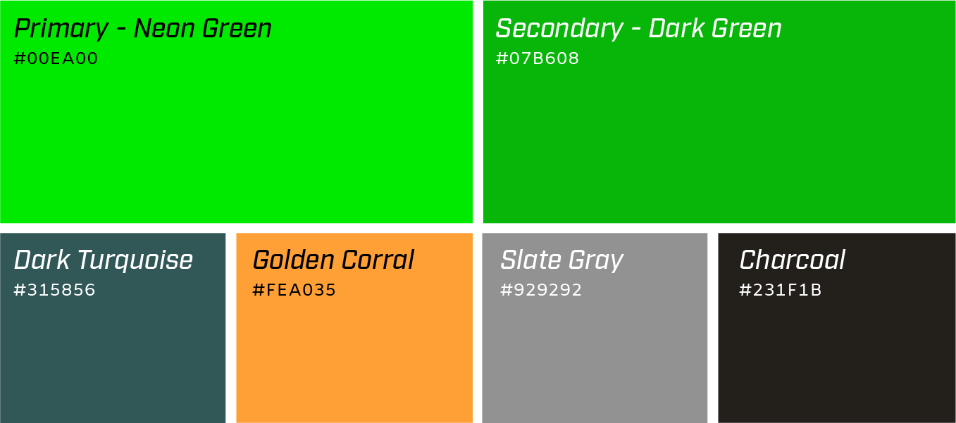 Color palette swatches labeled Primary, Secondary, Dark Turquoise, Golden Coral, Slate Gray, and Charcoal.