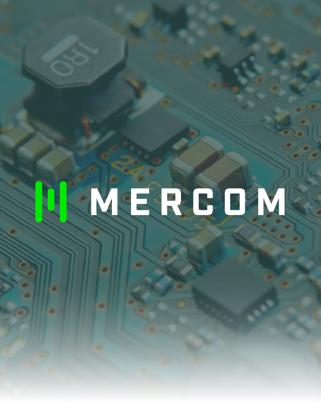 MERCOM logo over a blurred circuit board background with green and white text