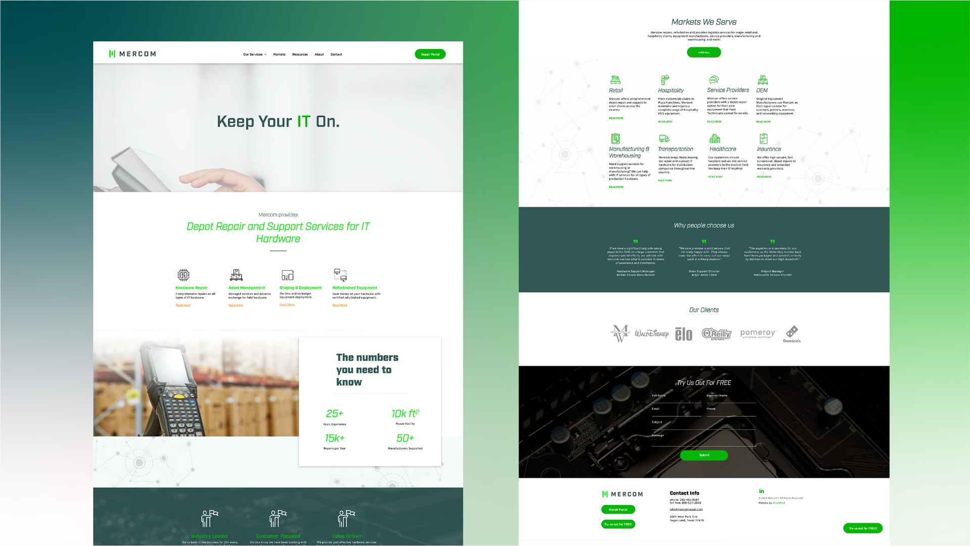 Side-by-side screenshots of a green-and-white mobile app home and dashboard screens