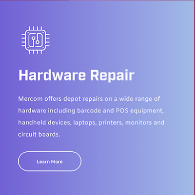 Purple “Hardware Repair” promo card with chip icon and “Learn More” button, listing repair services.