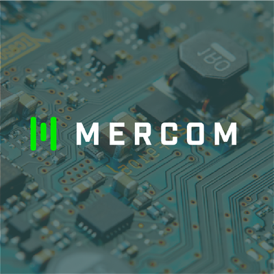 MERCOM logo over a green circuit board background with electronic components