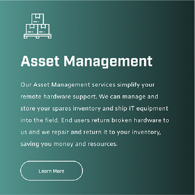 Asset management webpage with white text on a teal background and a “Learn More” button
