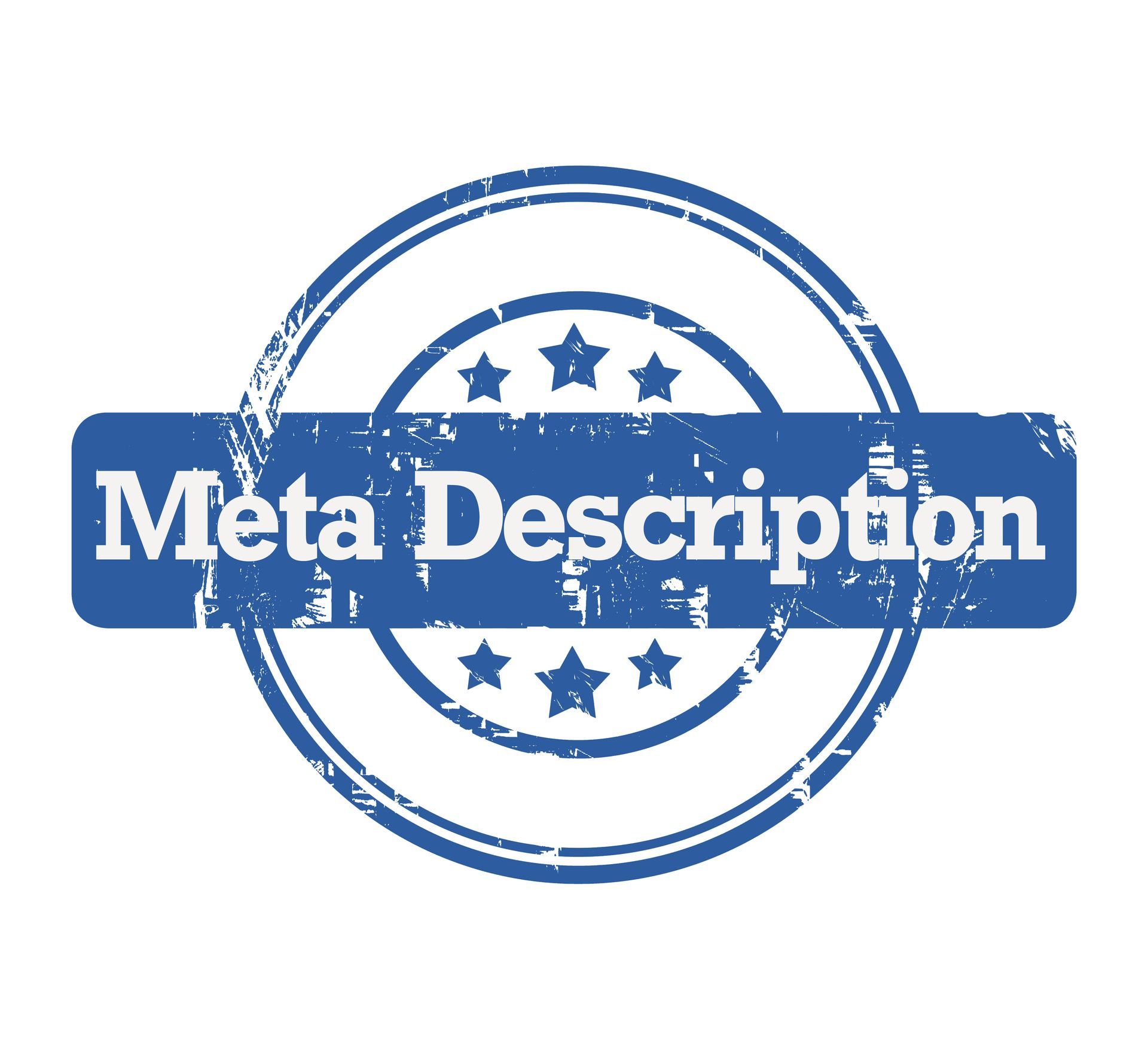Blue “Meta Description” stamp with stars inside a circular seal.