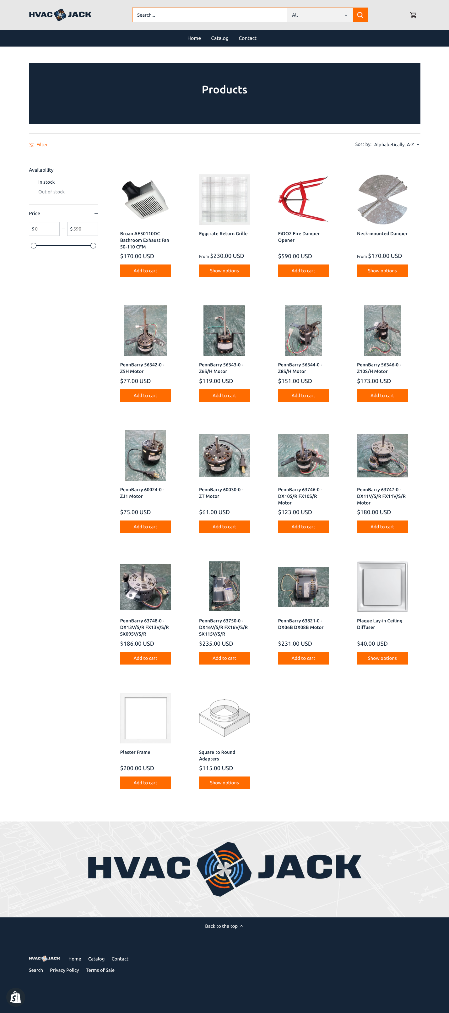 HVAC Jack website product catalog page with orange-labeled HVAC items on a white background