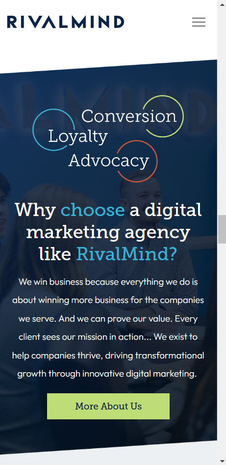 RivalMind marketing agency homepage with dark blue hero banner, “Conversion Loyalty Advocacy” text, and green “View About Us” button