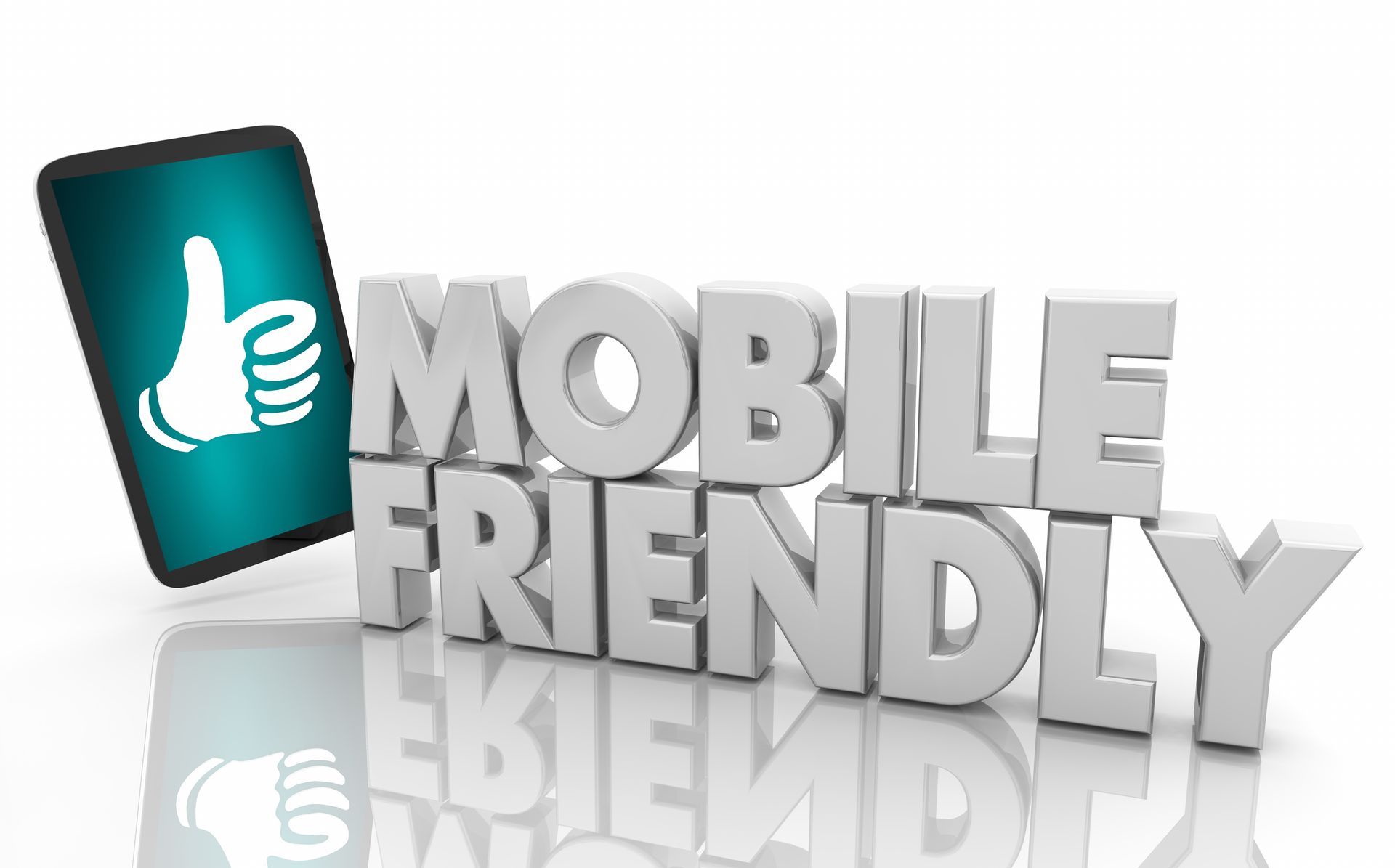 Stylized 3D “MOBILE FRIENDLY” text beside a teal phone with a thumbs-up icon on a white background