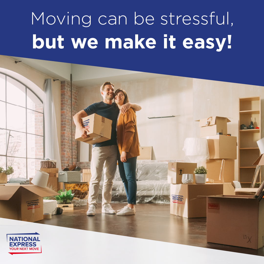 Moving service ad: two people carry a box in a bright living room, with text “Moving can be stressful, but we make it easy!”