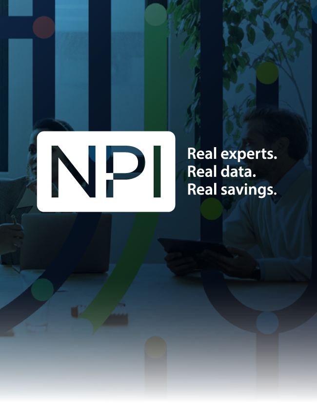 NPI logo with slogan “Real experts. Real data. Real savings.” on a dark blue abstract background