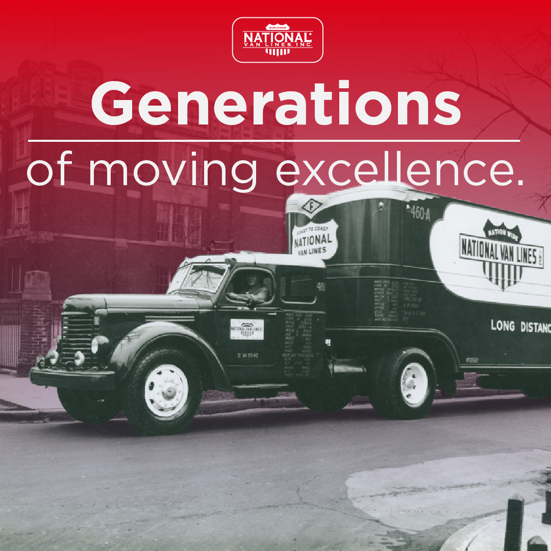 Vintage black moving truck on a city street with text “Generations of moving excellence.”