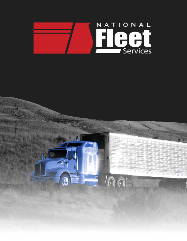 National Fleet Services logo above a blue semi truck hauling a white trailer on a gray road
