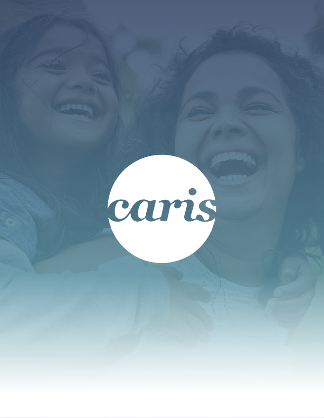 Blue-tinted logo with the word “caris” over smiling faces in the background