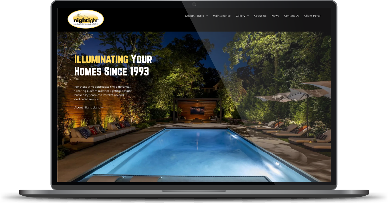 Laptop displaying a pool lighting website with a nighttime backyard pool scene and bold yellow headline text