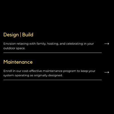 Dark UI with “Design | Build” and “Maintenance” service options, each with a right arrow.