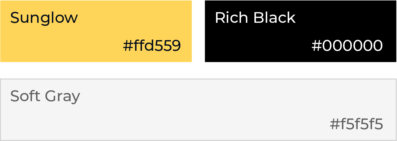 Color palette with Sunglow (#ffd559), Rich Black (#000000), and Soft Gray (#f5f5f5) swatches