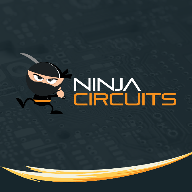 Ninja Circuits logo with cartoon ninja, white and orange text on a dark circuit-board background