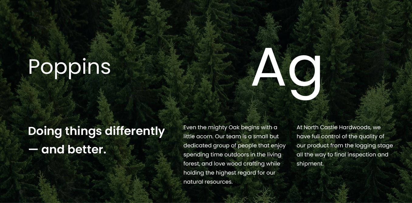 Dark leafy background with “Poppins,” large “Ag,” and the phrase “Doing things differently — and better.”