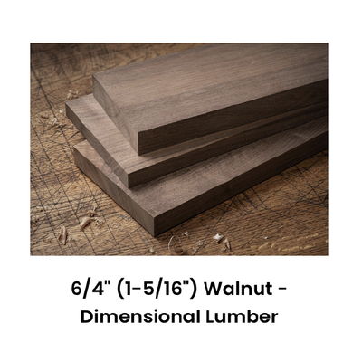 Three stacked walnut lumber boards on a rustic background, labeled 6/4 (1-5/16