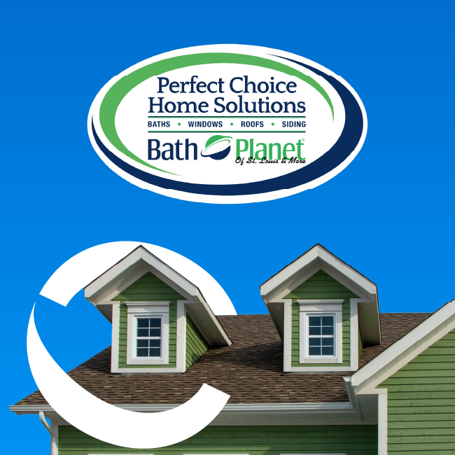 Perfect Choice Home Solutions and Bath Planet logo over a house roof with a paint roller icon on blue background