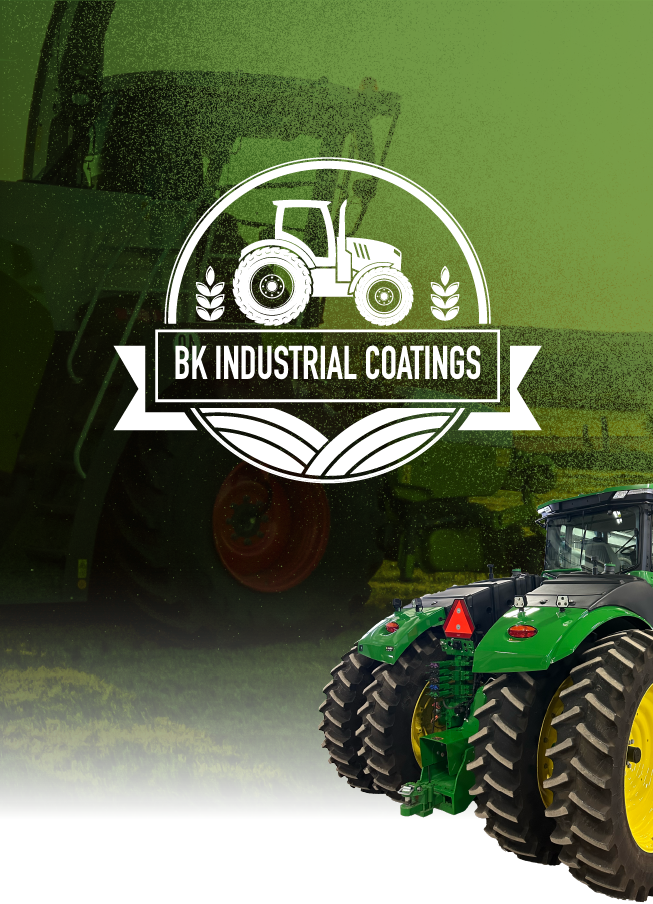 BK Industrial Coatings logo with tractor emblem over a green tractor background