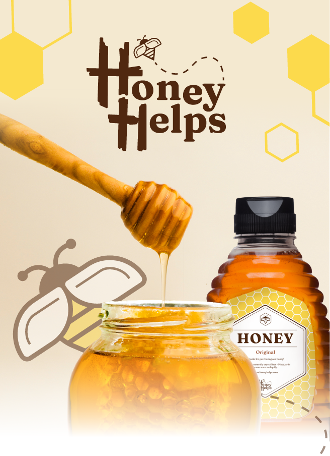 Honey dipper over jar and honey bottle with “Honey Helps” text on a honeycomb background