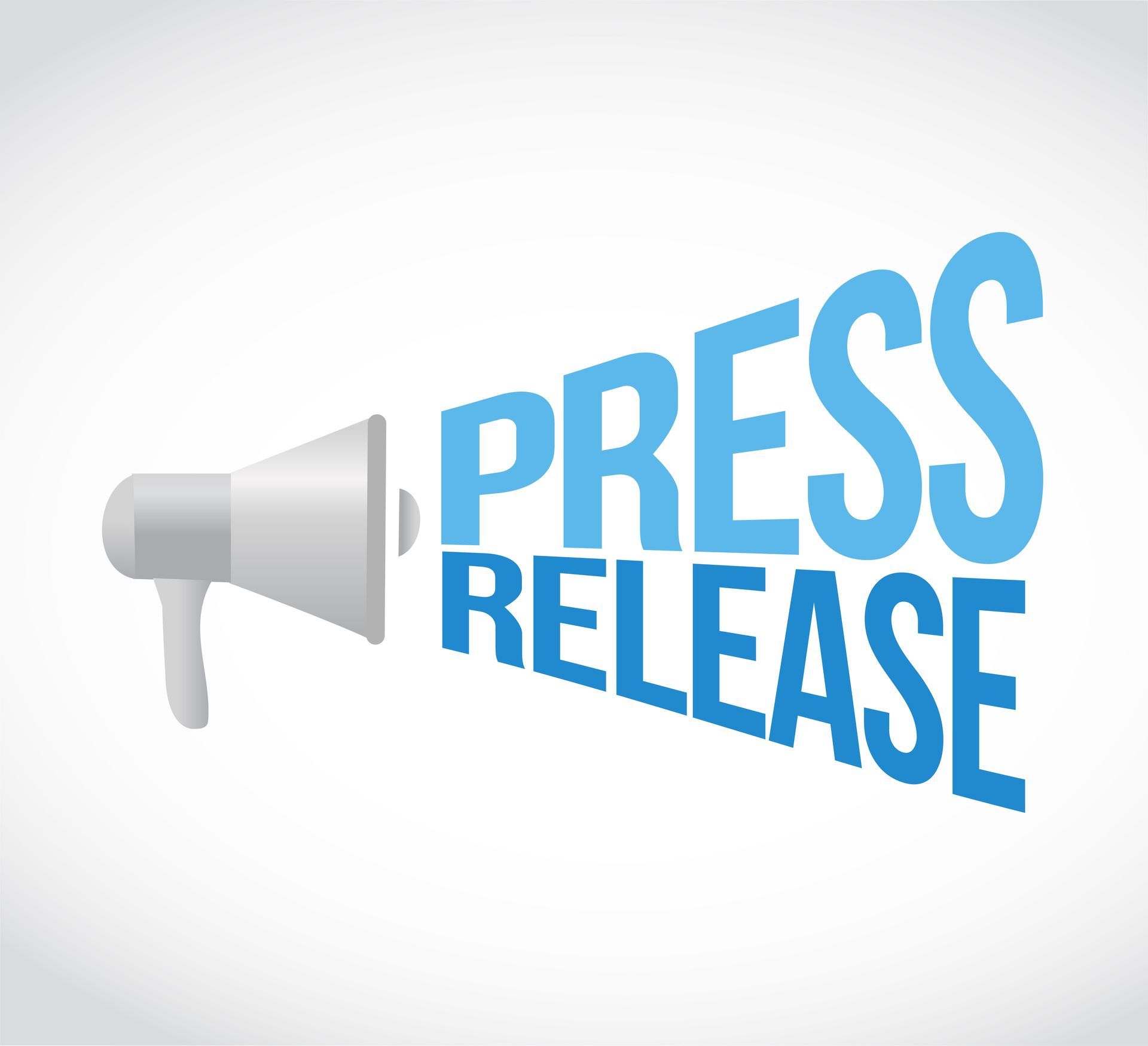 Gray megaphone beside blue “PRESS RELEASE” text on a white background