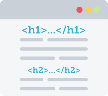 Web page mockup showing blue h1 and h2 headings with gray text lines on a browser window.