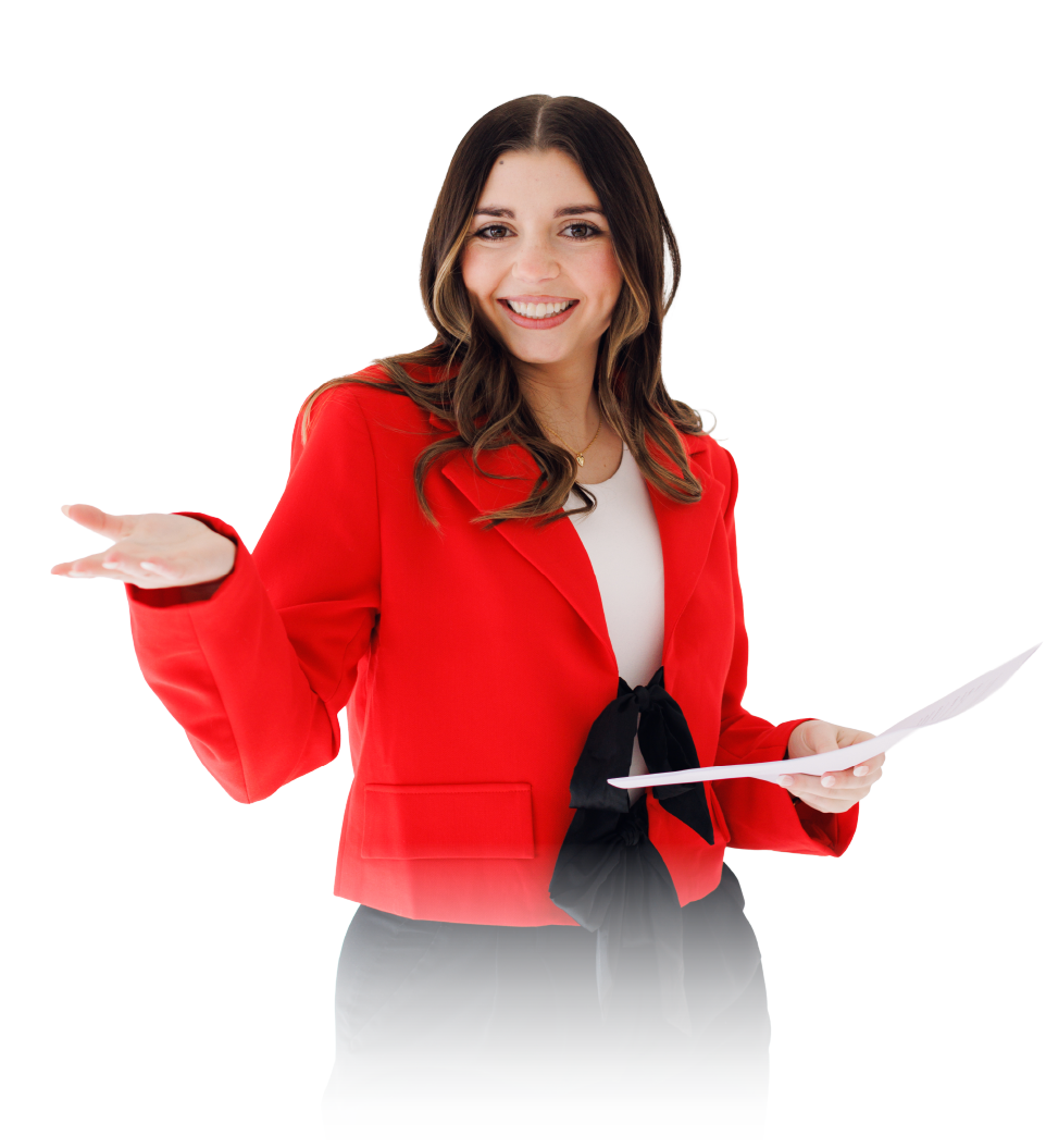 Smiling woman in a red blazer gesturing with one hand and holding a folder against a white background