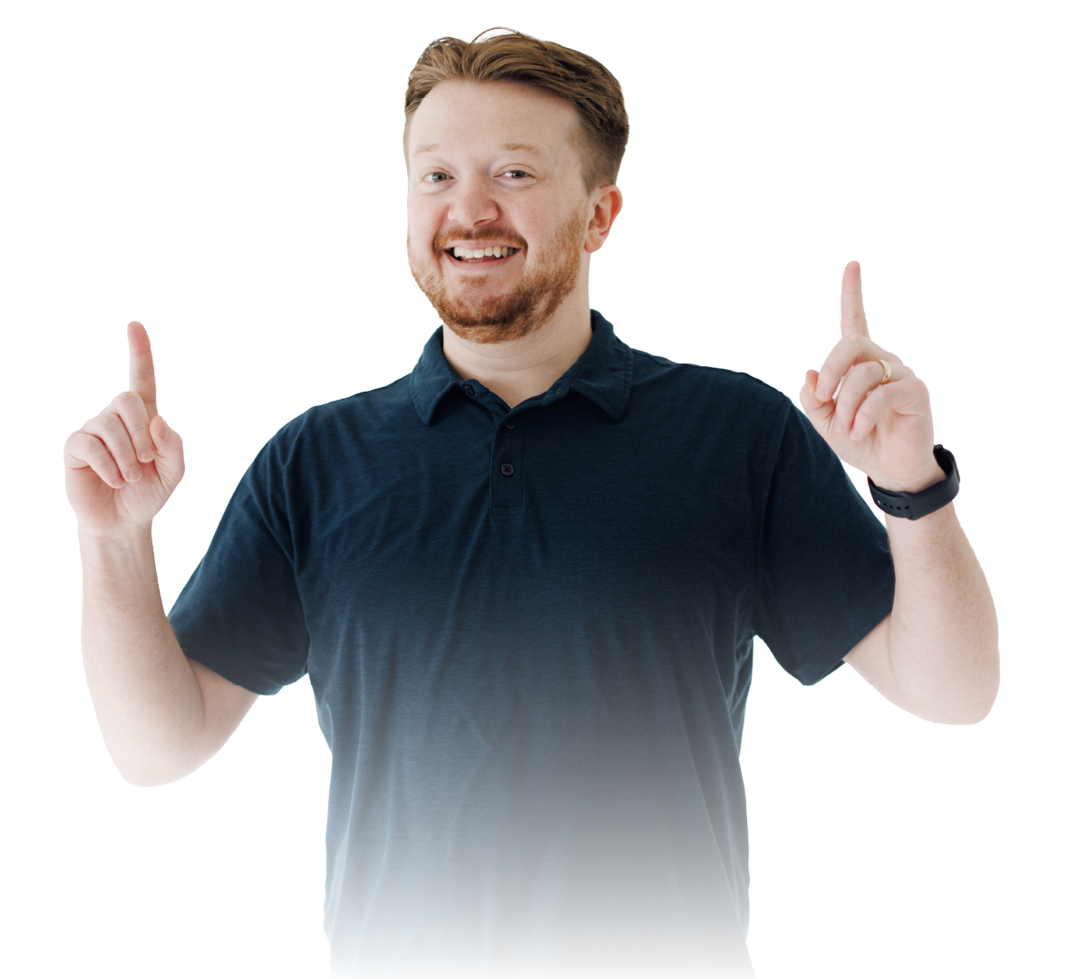Smiling person in a dark polo pointing upward with both index fingers on a white background