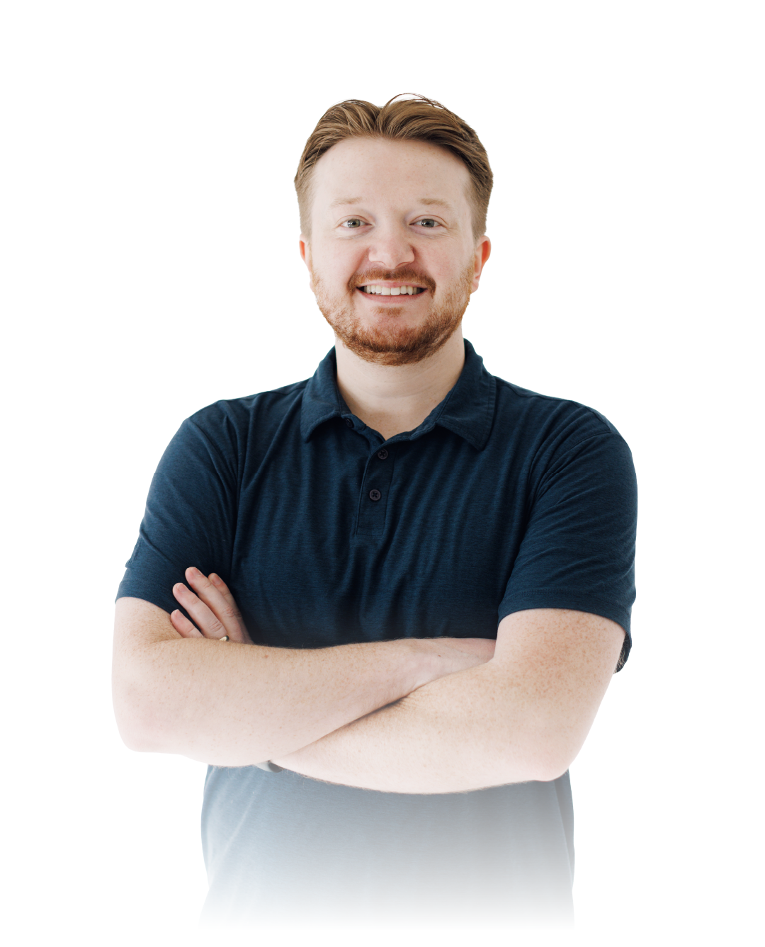 Smiling person with crossed arms wearing a navy polo on a white background
