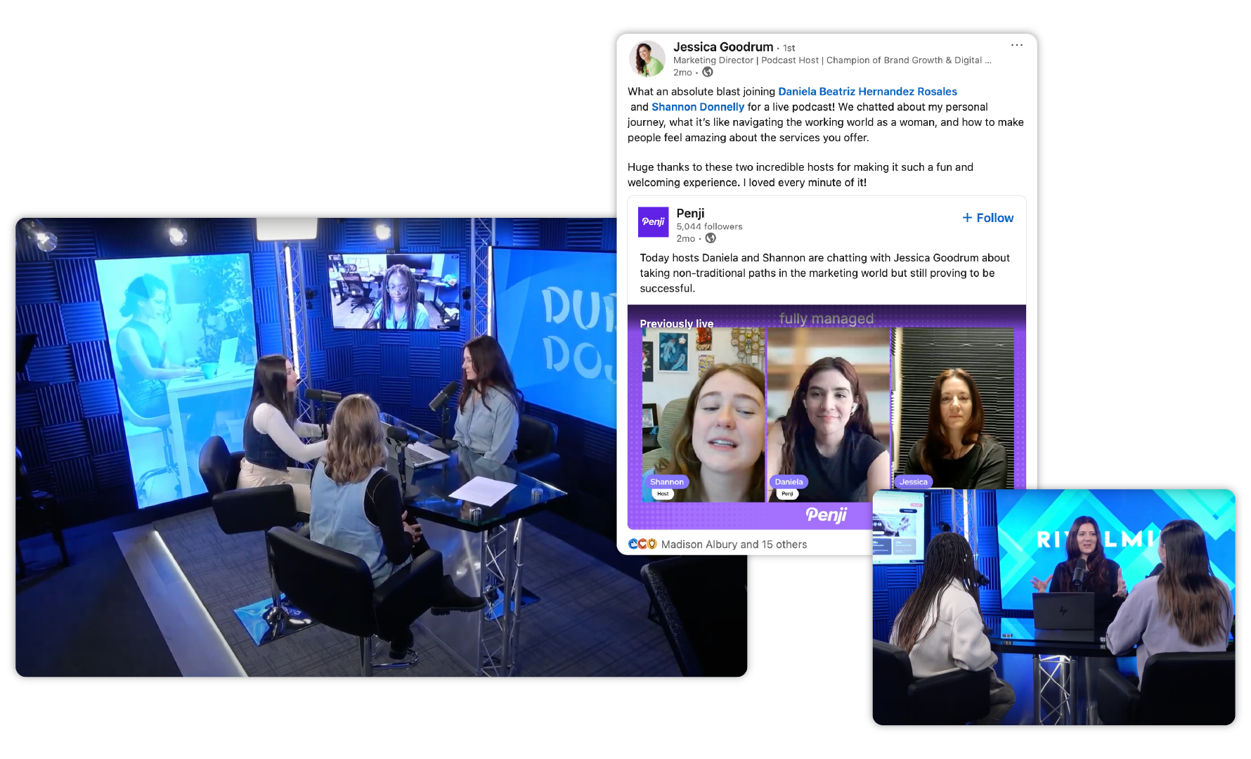TV studio panel with three women on screens, blue-lit set, and a screenshot of social media posts