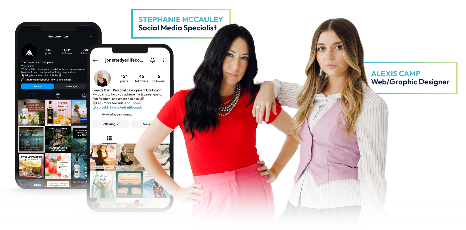 Two women beside smartphone app screenshots with chat labels and product tiles.